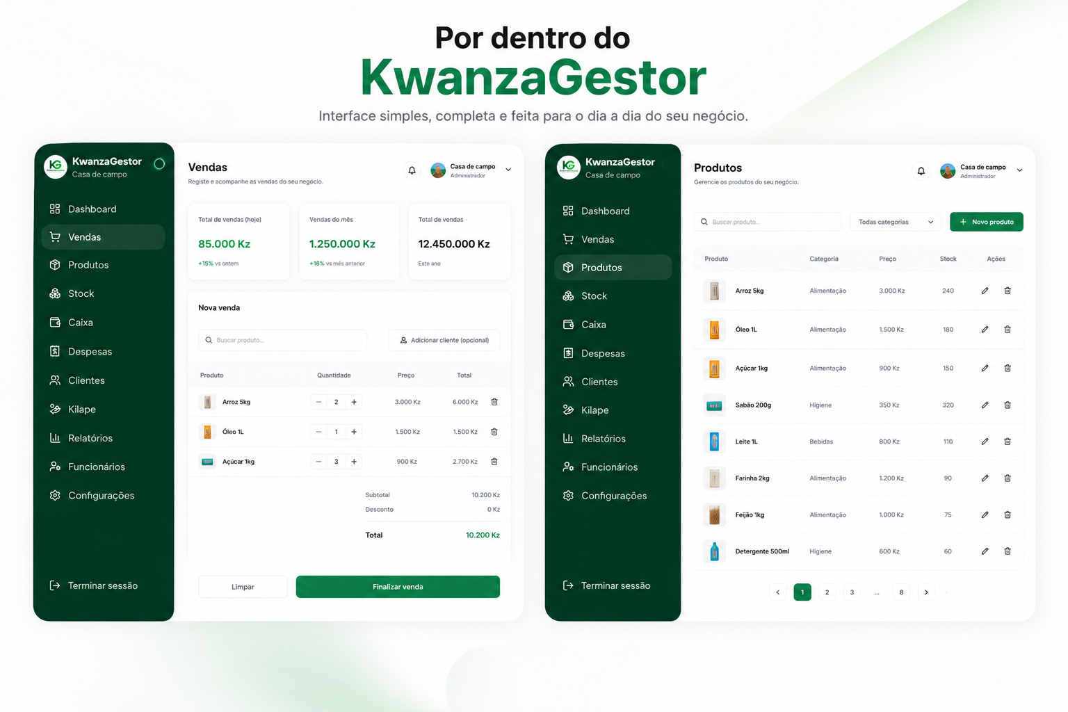 Telas de Vendas e Produtos do KwanzaGestor